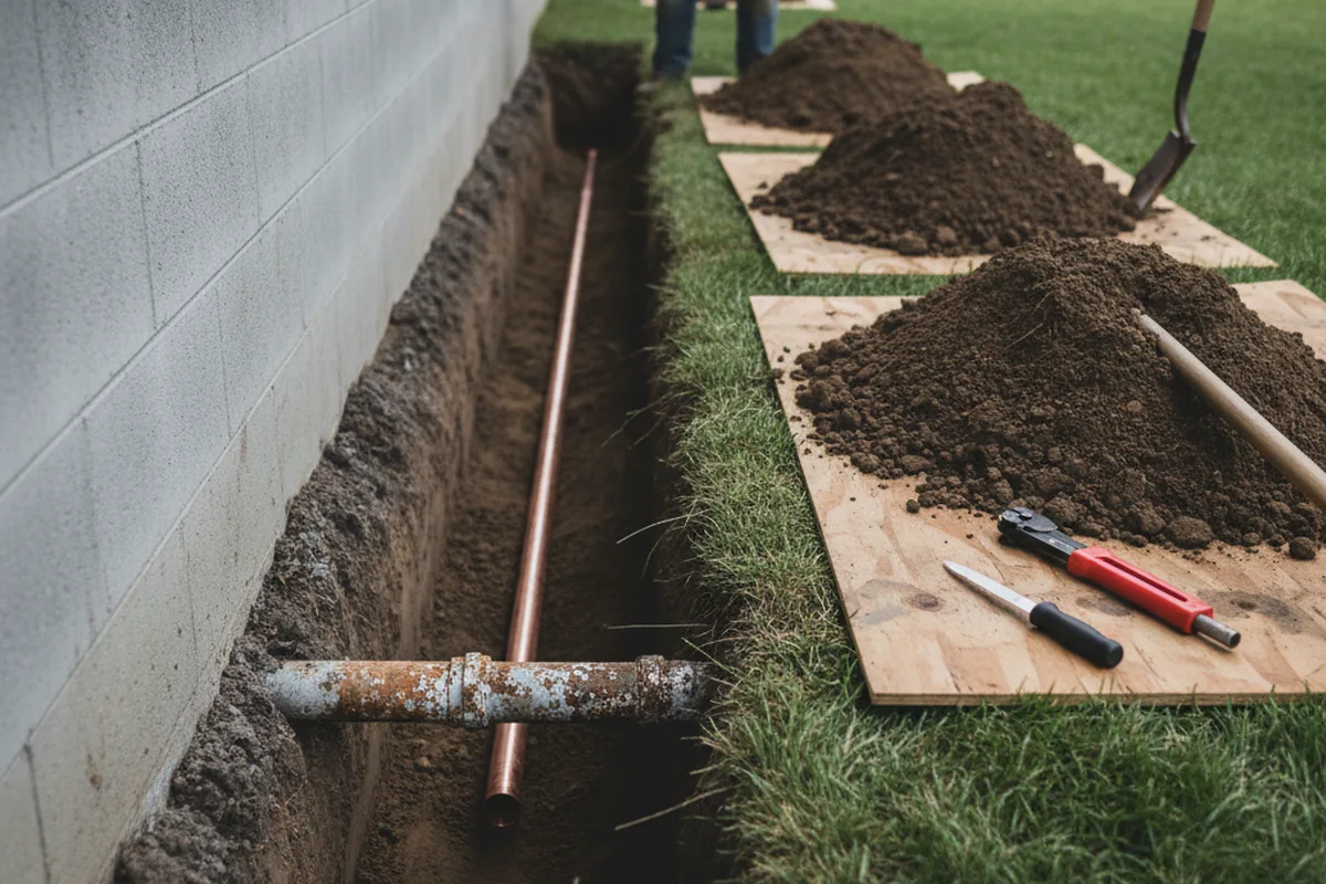 Excavated water line trench during Sewer Line Repair in West Islip